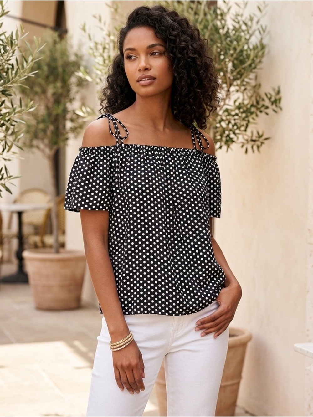 Milly / Eden - Black & White Polka Dot Off-Shoulder Top - Sz. L - NWT - Italy